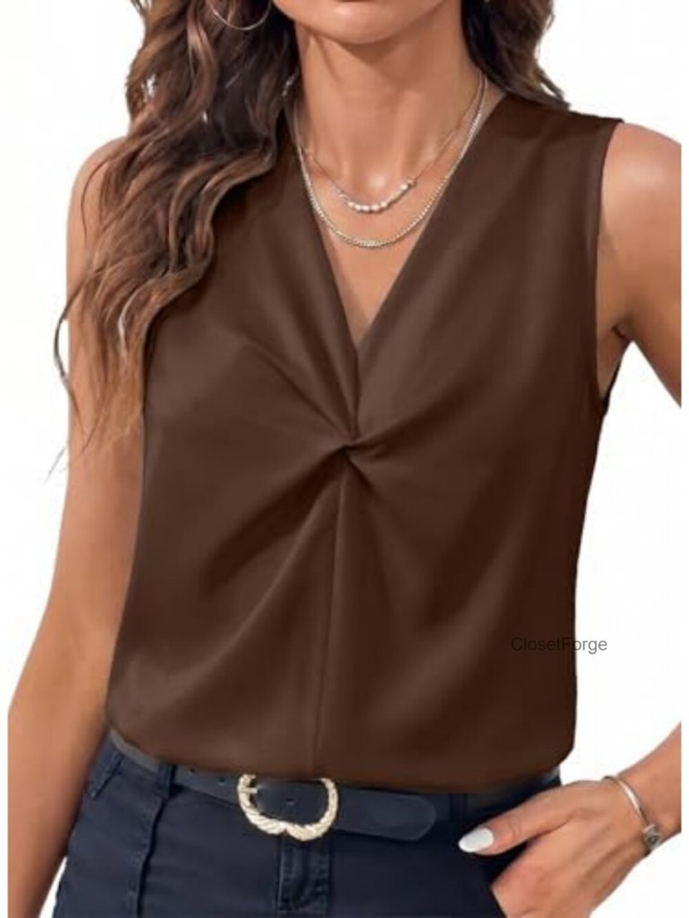 Women's V Neck Pleated Sleeveless Tank Top Loose Fit Summer Blouse